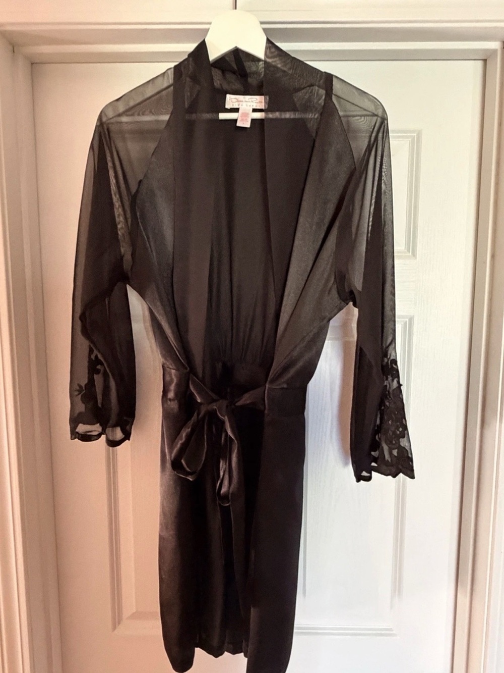 Oscar de la Renta Pink Label Sheer Black Boudoir Robe Lace Trim L